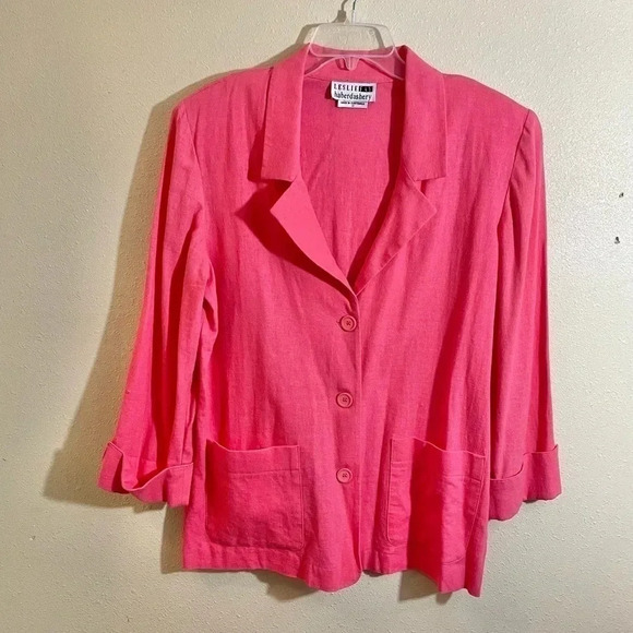 Vintage Leslie Fay Size 12 Coral Linen Blend Blazer Jacket Patch Pockets Relaxed - Picture 1 of 8